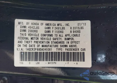 2013 Honda Accord Ex-L V-6 from USA, damaged, VIN 1HGCR3F88DA045061
